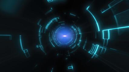 Wall Mural - Abstract futuristic tunnel with concentric light rings and geometric patterns, central glowing light source, vibrant colors for digital and sci-fi themes background