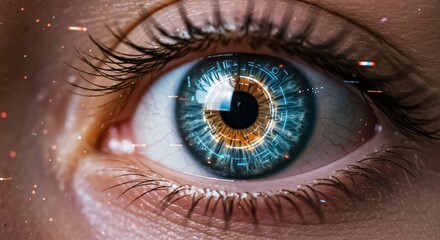 An extreme close-up of a human eye with glowing futuristic cybernetic details