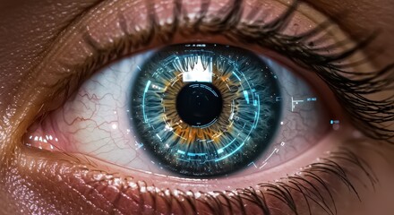 An extreme close-up of a human eye with glowing futuristic cybernetic details