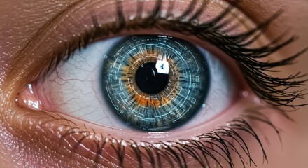 An extreme close-up of a human eye with glowing futuristic cybernetic details
