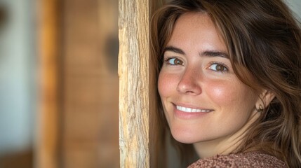 Wall Mural - Smiling young woman with medium skin tone leaning against a wooden partition wall in a bright home apartment setting with natural light.