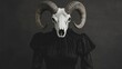 © The 2R Artificiality - Woman wearing a black vintage dress with ram mouflon skull and prominent horns in a dark atmospheric setting symbolizing a sacral ritual.