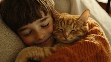 Wall Mural - Young child with medium brown hair cuddling ginger cat while relaxing on a cozy couch in warm light, showcasing affection and companionship.