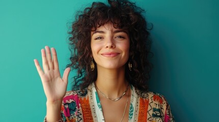 Smiling young adult woman with curly brown hair wearing vibrant casual attire against a teal background making a loyalty promise gesture with hand raised