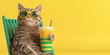 © Nopadon - A cool cat wearing sunglasses relaxes on a chair, holding a colorful drink against a bright yellow background.