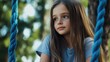© The 2R Artificiality - Cute girl with long hair sitting on a swing outdoors with blurred background Copy Space