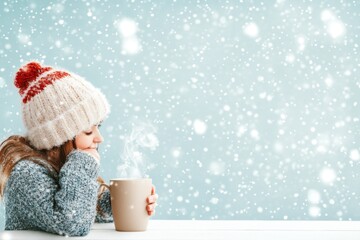 Canvas Print - A 2D illustration of a person sitting at a cafÃ© table with a steaming cup of coffee, gazing out at soft falling snow, drawn in muted pastels on a plain white background