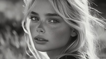 Poster - Close-up portrait of a young woman with freckles and long blonde hair in black and white with soft focus and natural background Copy Space