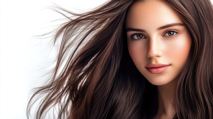 Wall Mural - Portrait of a young woman with long flowing hair and natural makeup against a bright background with Copy Space