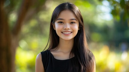 Wall Mural - Young woman smiling in outdoor setting with natural light and greenery in the background Copy Space