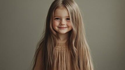 Poster - Smiling young girl with long hair wearing a beige dress against a neutral background with Copy Space