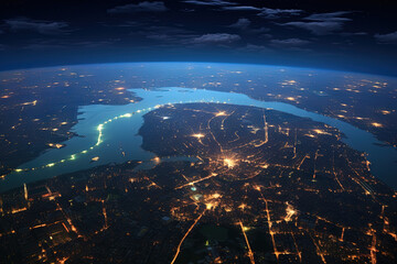 Wall Mural - Futuristic city aerial view at night. Structure of sci-fi metropolis with neon lights from the bird view