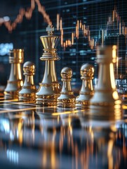 Stock exchange and investing strategy concept with golden and silver chessmen and digital virtual screen with financial chart candlestick and diagram on blurred background. 3D rendering