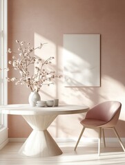 Wall Mural - White wooden round table in the foreground against the wall with copy space and pink chair in the background in bright living room interior