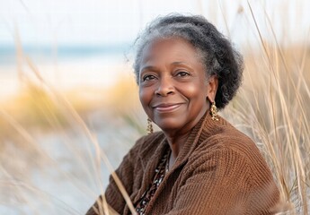 Wall Mural - A woman with a smile on her face is sitting in a field of tall grass