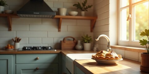 Wall Mural - Warm Kitchen Sunlight Illuminates a Deliciously Baked Pastry on a Wooden Countertop