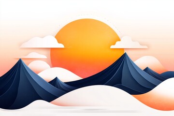 Aufkleber - A flat design of a glowing sun rising over a curved horizon, with clean, bold lines and vibrant pastel gradients to convey optimism and new beginnings