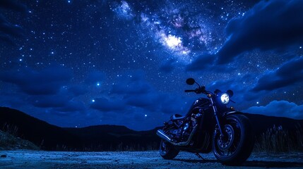 Wall Mural - a motorcycle parked under a starry night sky, with soft moonlight illuminating the scene. digital