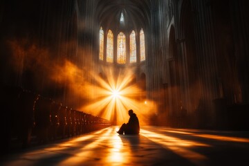 Poster - A gothic depiction of a person sitting in a vast, empty cathedral, surrounded by shadows and faint light filtering through stained glass windows, highlighting their solitary figure