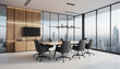 © paulmalaianu - Modern conference room or office with large windows overlooking the city , modern furnitures, wooden wall and minimalist design.
