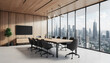 © paulmalaianu - Modern conference room or office with large windows overlooking the city , modern furnitures, wooden wall and minimalist design.