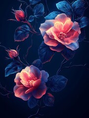 Wall Mural - captivating neon floral with glowing roses and vines against a muted dark gradient background