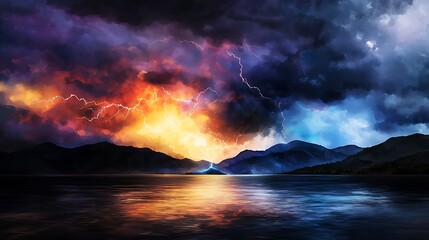 Wall Mural - Dramatic Sunset with Lightning Over Calm Water