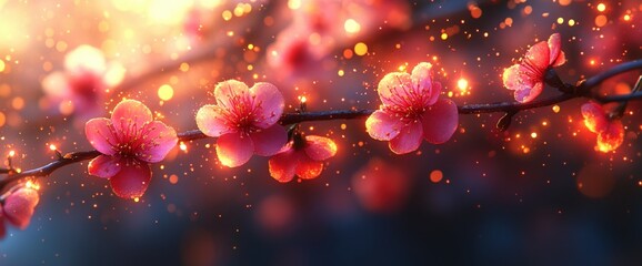 Canvas Print - Pink Blossom Branch with Sparkling Lights