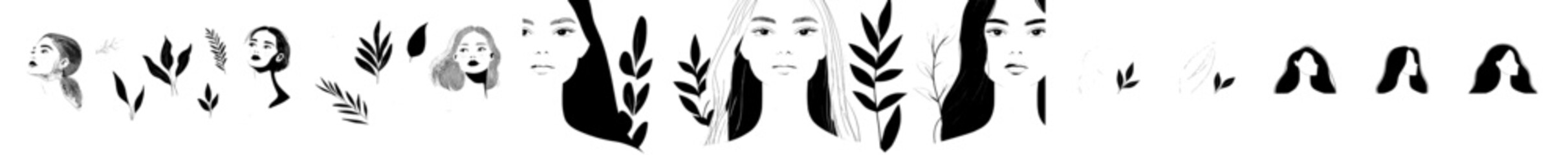 Abstract female posters featuring contemporary outlines of girl faces, trendy floral hand-drawn woman portraits, and a modern illustration set for social media. One-line drawings of people and