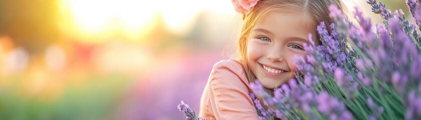 A happy smile filled with positivity, set in a serene landscape of blooming lavender fields and a calm blue sky, captures the essence of a joyous moment This image shows a young girl amidst vibrant