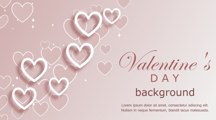 Wall Mural - Valentine's Day background. horizontal vector illustration with hanging hearts on a pink gradient backdrop. elegant composition for card, greeting, invitation, banner with copy space