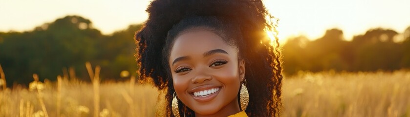 Canvas Print - Capture the essence of joy with a radiant happy smile expressing deep contentment, set in a peaceful meadow of swaying flowers under golden sunlight This serene image showcases a young woman's