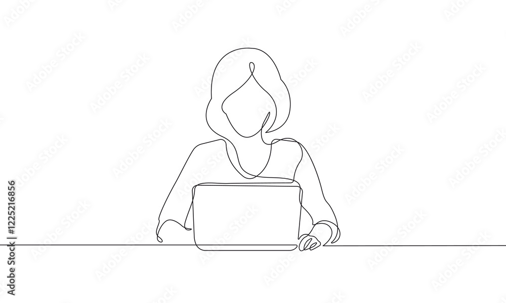 Continuous Line Drawing of Woman with Laptop in Sitting Pose. One Line ...