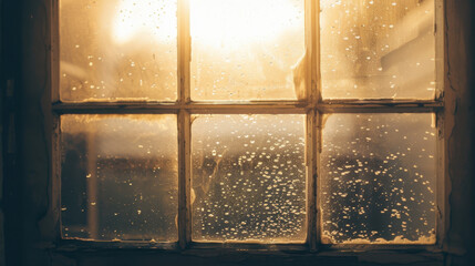 Wall Mural - Sunlight streaming through wet window, creating warm and cozy atmosphere with droplets of water on glass, evoking sense of tranquility and reflection