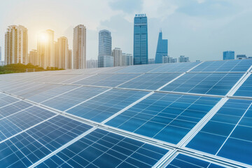 Wall Mural - Solar panels installed on rooftops with a backdrop of modern skyscrapers, capturing the harmony between urban development and renewable energy solutions.