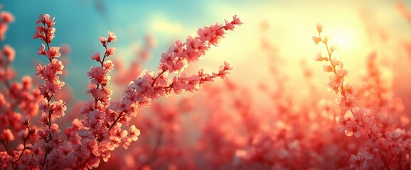 Canvas Print - Pink Blossom Branches at Sunset Soft Light Delicate Flowers Warm Colors Spring Nature