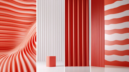 Aufkleber - Textured red and white walls with cube, showcasing modern design elements and patterns