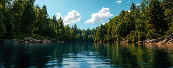 Wall Mural - Experience the tranquility of a quiet lakeside on a sunny day, with soft ripples in the water and a refreshing breeze blowing gently, perfect for relaxing or meditating, surrounded by lush green