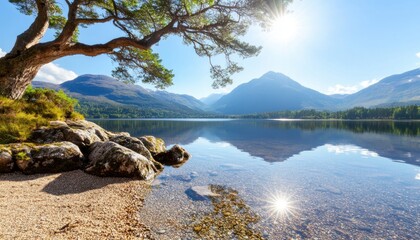 Wall Mural - Experience the ultimate serenity with this stunning lakeside vista, showcasing crystal clear water reflecting a brilliant blue sky on a bright sunny day Bask in the tranquility as the suns rays dance