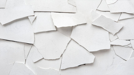 Poster - Textured white wall with cracked plaster pieces creating abstract design