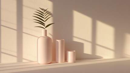 Leinwandbilder - minimalist arrangement featuring three pastel vases with green leaf, casting soft shadows on light wall