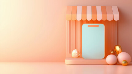 Aufkleber - pastel colored display featuring stylized shopfront with light blue sign, decorated with decorative eggs in soft hues