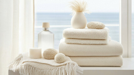 Poster - Soft white towels and decor arranged by window with ocean view