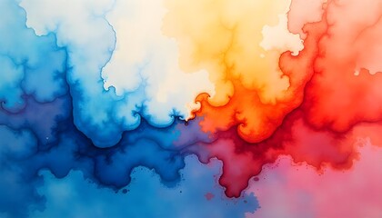 Leinwandbilder - A vibrant watercolor texture where warm and cool tones blend and collide, creating a dynamic representation of energy and passion through fluid, expressive hues