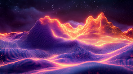 Wall Mural - digital waves in the form of mountains with a mesh texture, shimmering with bright colors, create th