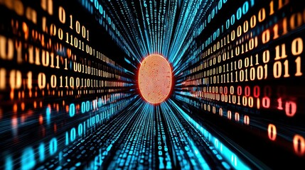 Digital fingerprint surrounded by flowing binary code in a futuristic tunnel.