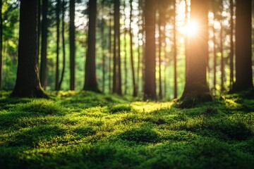 Sticker - Sunlit forest floor covered in vibrant green moss, tall trees surround. Perfect for nature, tranquility, and environmental themes.