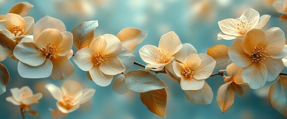 Canvas Print - Delicate Pale Yellow Flowers on Branch Soft Blue Background