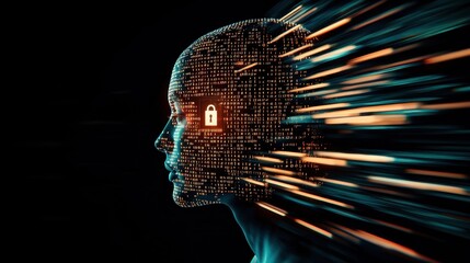 Digital head silhouette with binary code and a glowing padlock symbol, representing cybersecurity concept.