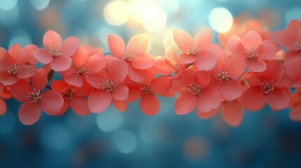 Canvas Print - Closeup of Delicate Coral Blossoms on Branch Soft Focus Blue Background